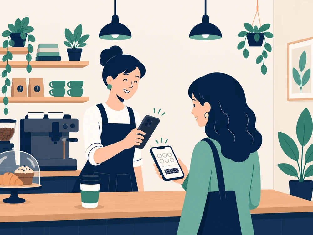 A waitress uses her phone to scan the barcode a customer shows her at the counter.