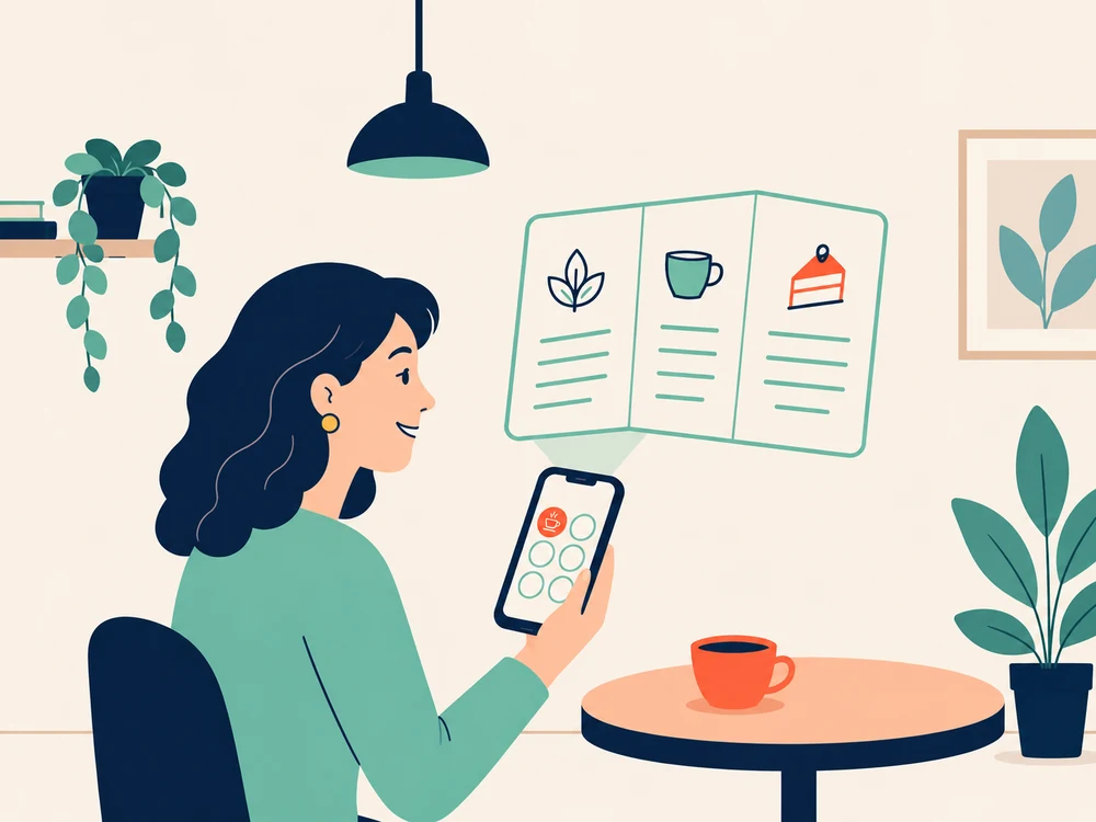 A seated customer with her phone and, above it, an open menu.