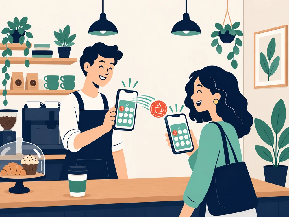 A waiter stamps from his phone and the card updates at the same time on the customer's phone.