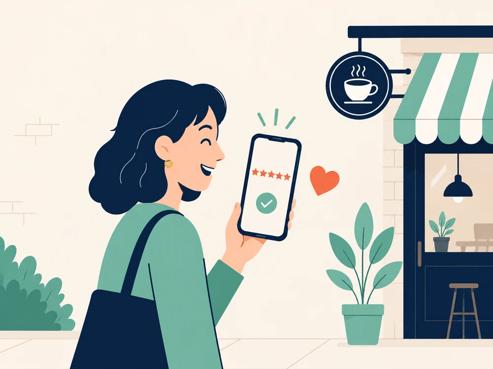 A customer sees five stars on her phone, with a heart beside them, in front of the café.