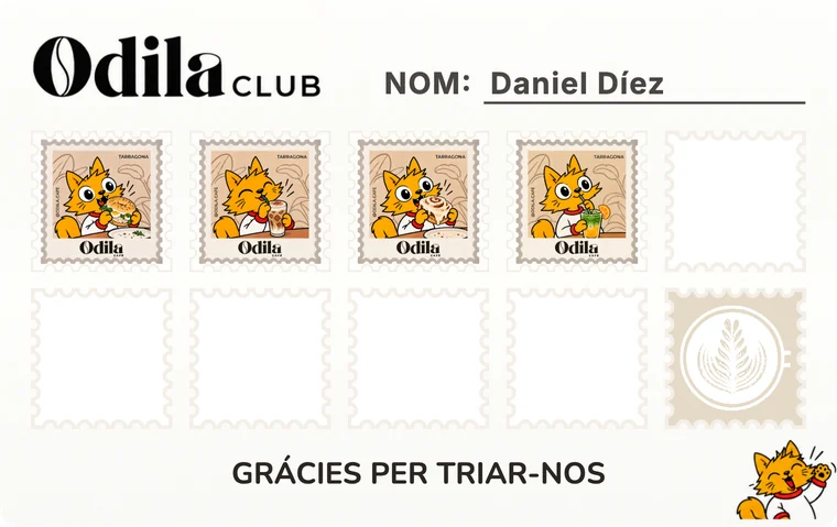 La targeta de segells d'Odila Cafe a TallyStamp, amb quatre segells del seu gat i el desè de premi.