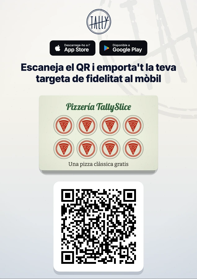 Cartell del taulell de TallySlice amb les insígnies de l'App Store i de Google Play, la seva targeta de segells i un QR.