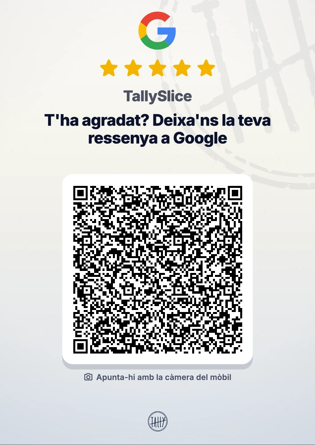 Cartell de ressenyes de TallySlice: cinc estrelles, «T'ha agradat? Deixa'ns la teva ressenya a Google» i un QR gran.