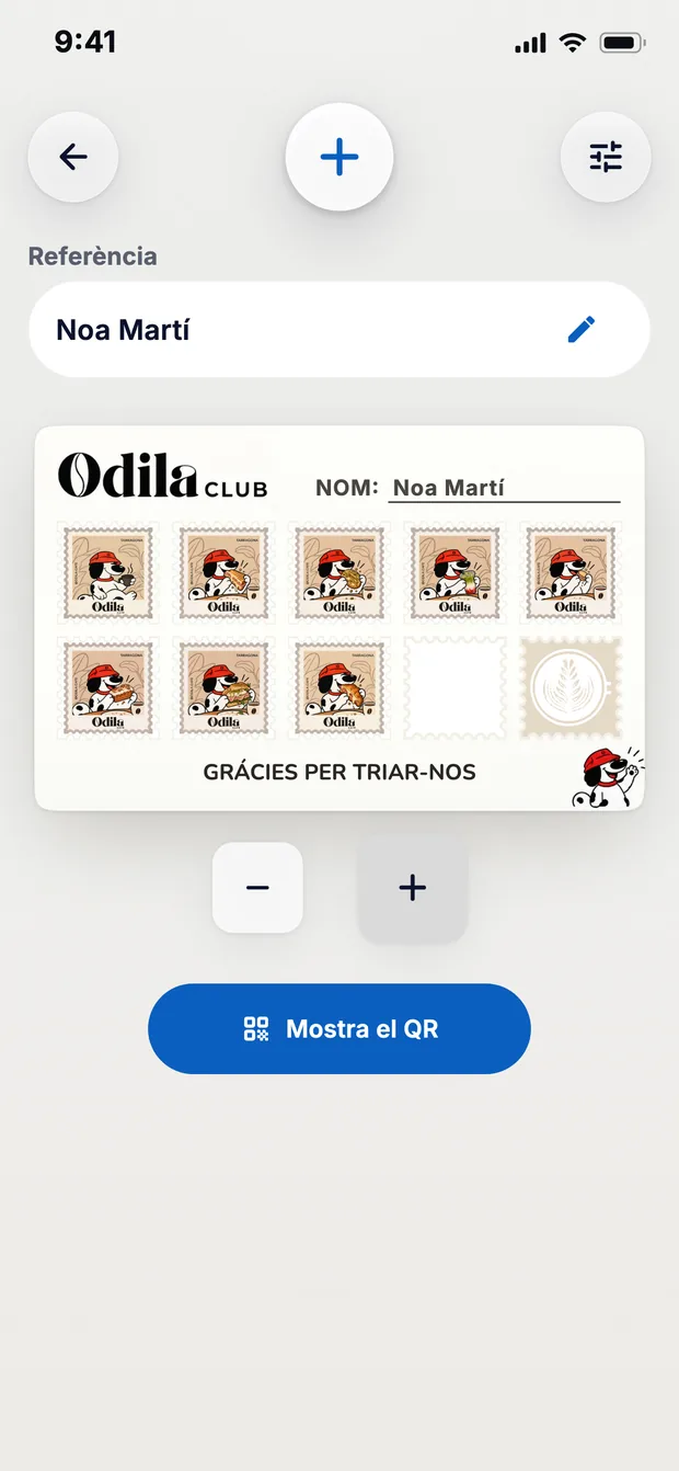 La fitxa de Noa Martí amb la seva targeta d'Odila Cafe, a dos segells del premi, i els botons − i +.