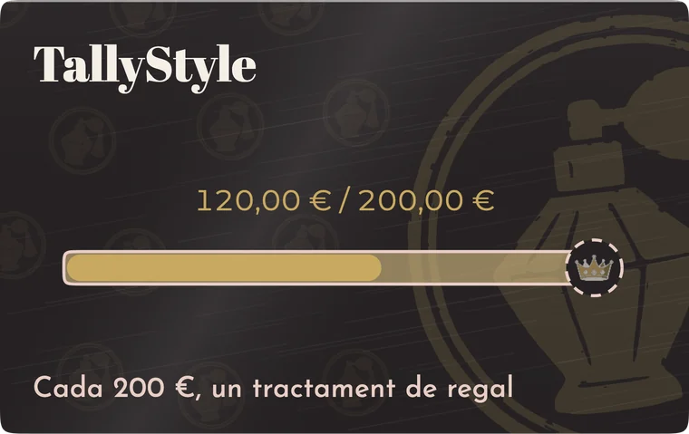 Targeta de despesa de TallyStyle en negre i or amb 120 € de 200 €; cada 200 €, un tractament de regal.