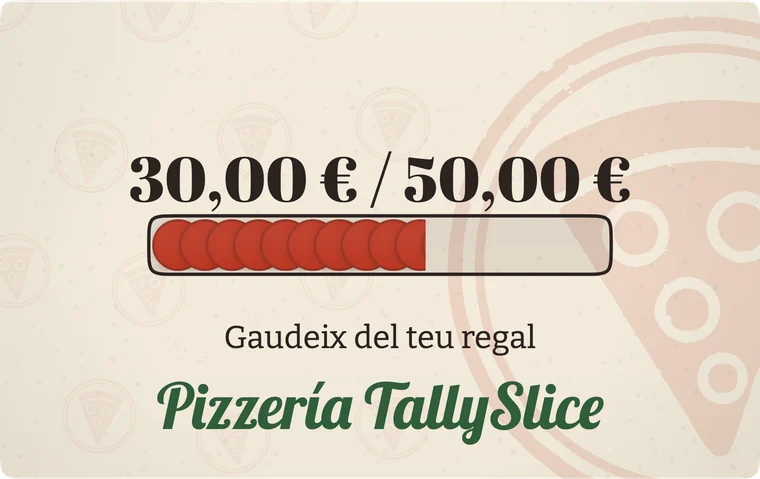 Targeta regal de TallySlice amb 30 € de 50 €: «Gaudeix del teu regal».