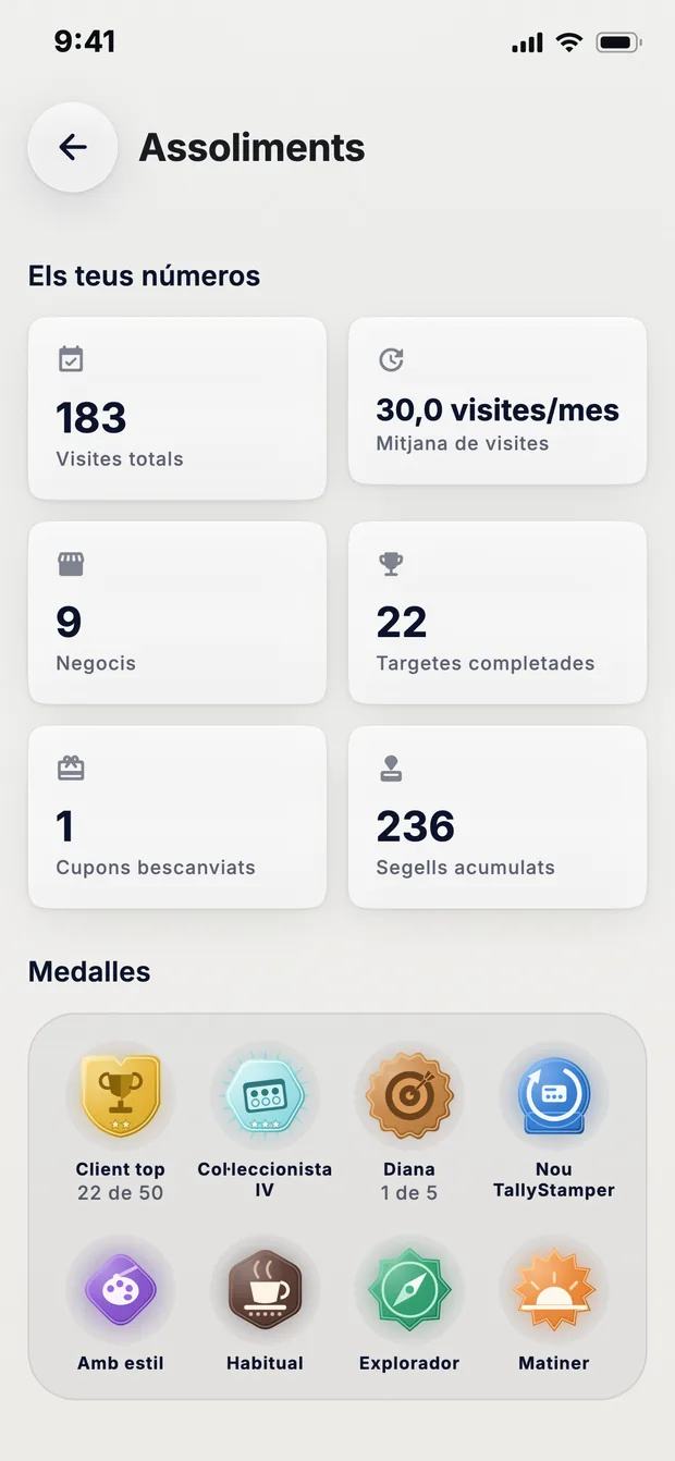 La pantalla Assoliments amb les xifres del client i les seves vuit medalles.