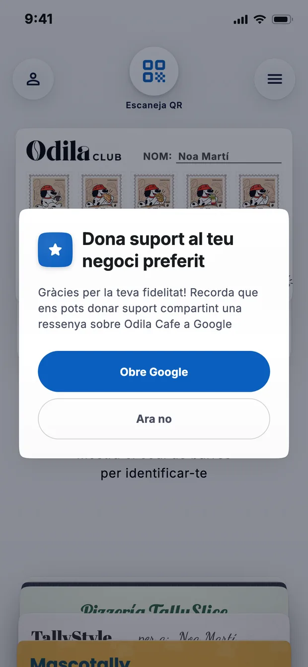 La cartera d'una clienta amb l'avís «Dona suport al teu negoci preferit», que la convida a deixar una ressenya d'Odila Cafe a Google, i el botó Obre Google.
