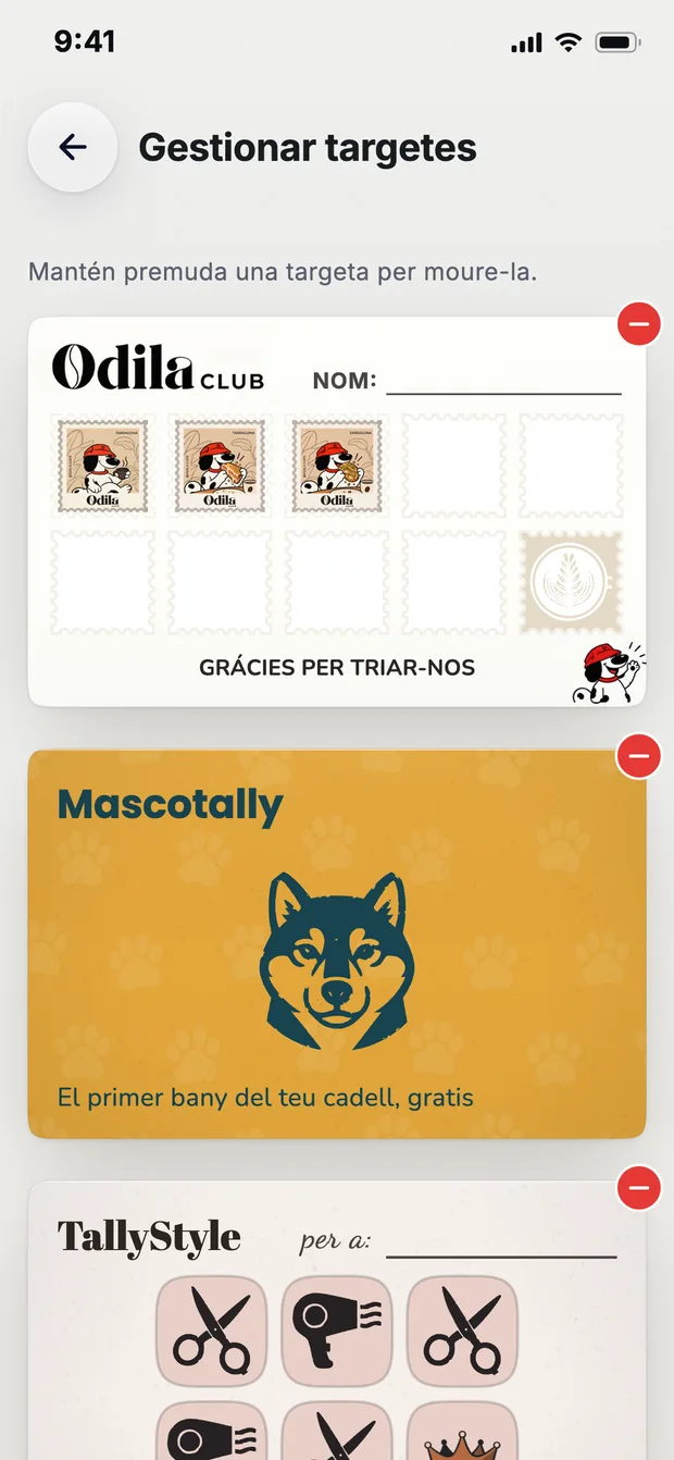La llista de targetes d'un client: Odila Cafe, Mascotally i TallyStyle, l'una sota l'altra.
