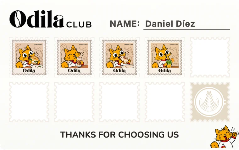 The Odila Cafe stamp card in TallyStamp, with four of its cat stamps and the tenth as the reward.