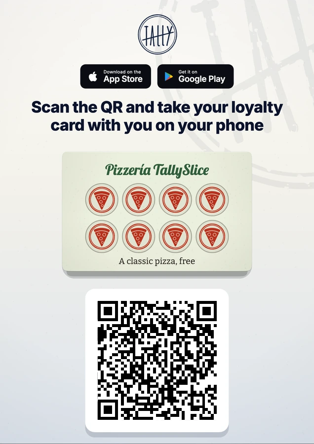 Counter poster of TallySlice with the App Store and Google Play badges, its stamp card and a QR code.
