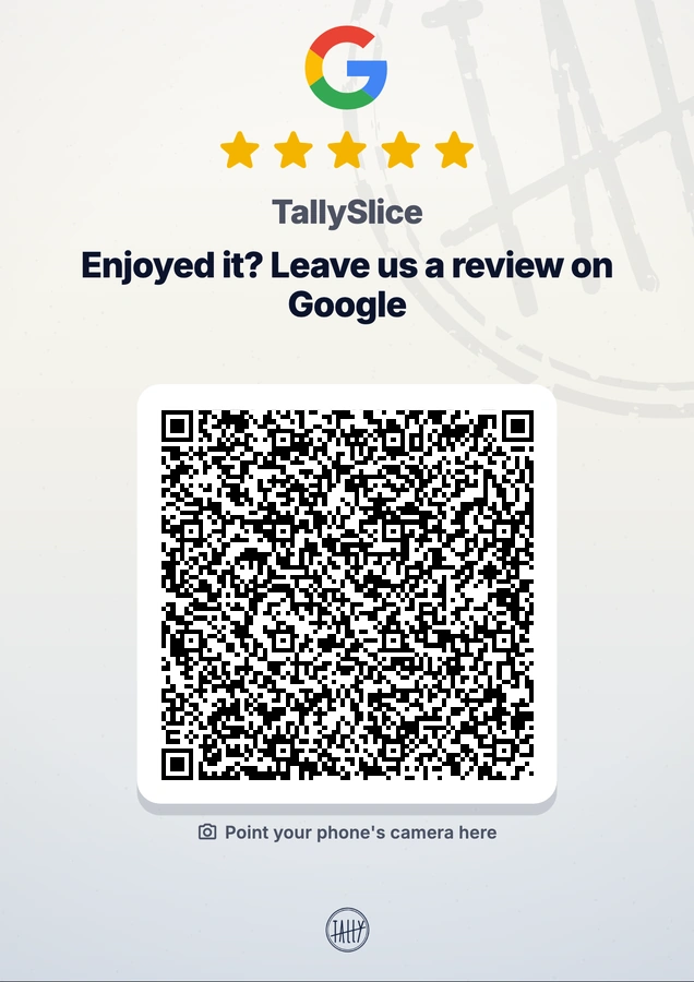 TallySlice review poster: five stars, “Enjoyed it? Leave us a review on Google” and a large QR code.