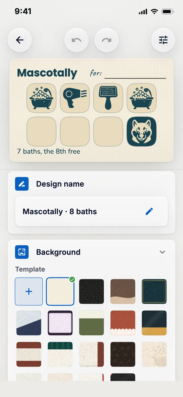 The app's editor with the Mascotally stamp card at the top and, below it, the design name and the backgrounds to choose from.