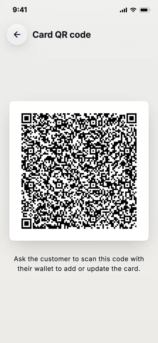 A card's QR code screen, with the instruction to ask the customer to scan it with their wallet to add or update the card.