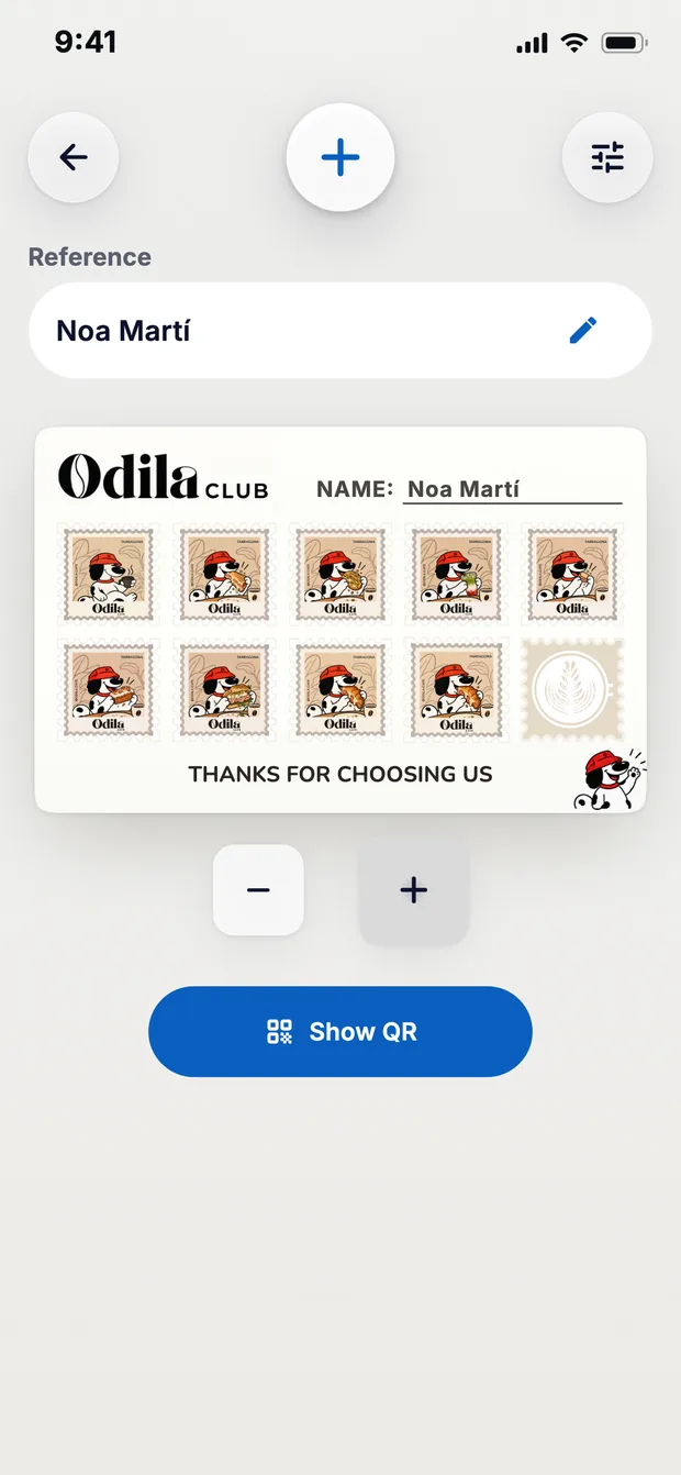 Noa Martí's Odila Cafe card one stamp away from the reward, just before it's completed.