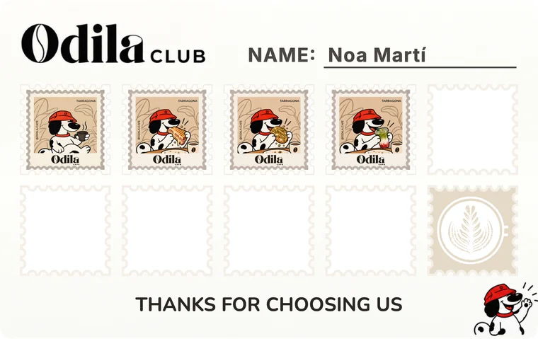 Odila Cafe stamp card with four of ten stamps; the tenth is the reward.