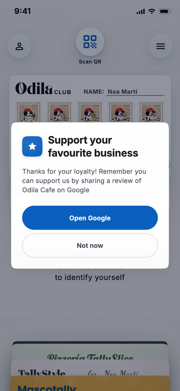A customer's wallet with the prompt “Support your favourite business”, inviting her to leave a Google review for Odila Cafe, and the Open Google button.