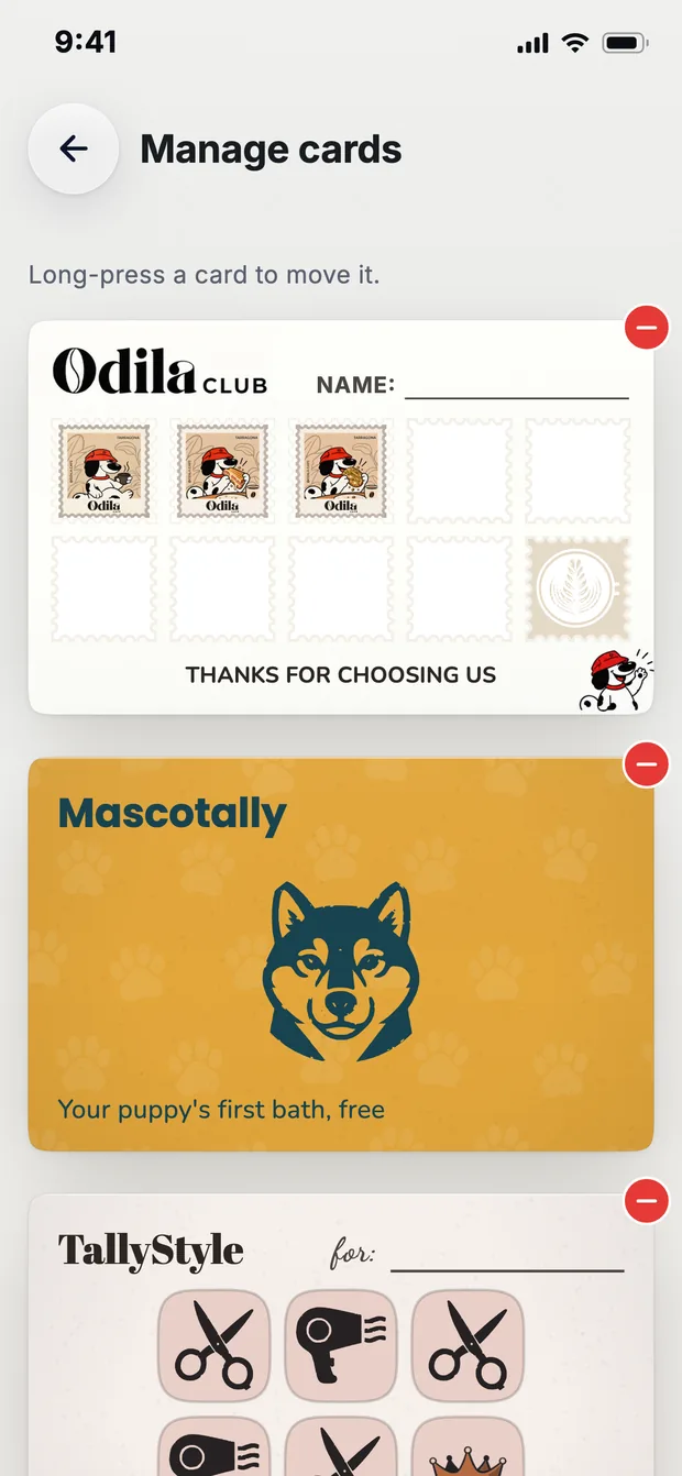 A customer's list of cards: Odila Cafe, Mascotally and TallyStyle, one below the other.