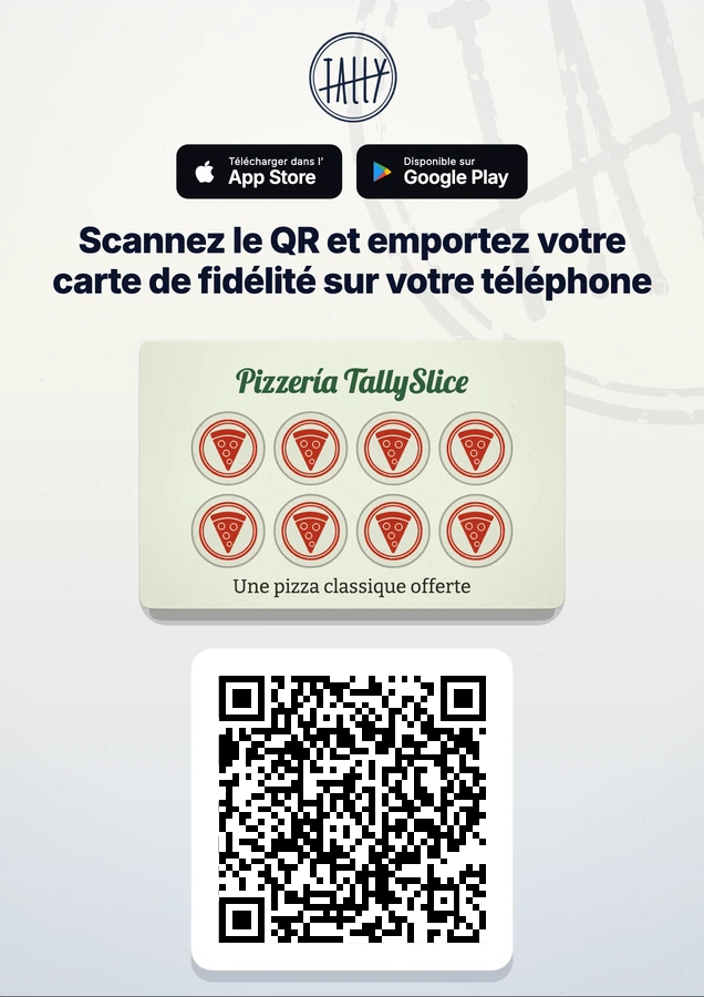 Affiche de comptoir de TallySlice avec les badges de l'App Store et de Google Play, sa carte à tampons et un QR code.