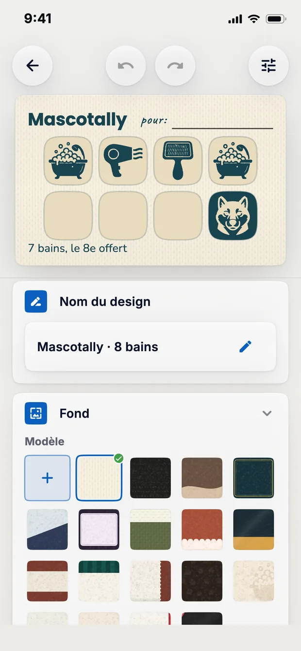 L'éditeur de l'application avec la carte à tampons Mascotally en haut et, en dessous, le nom du design et les fonds à choisir.