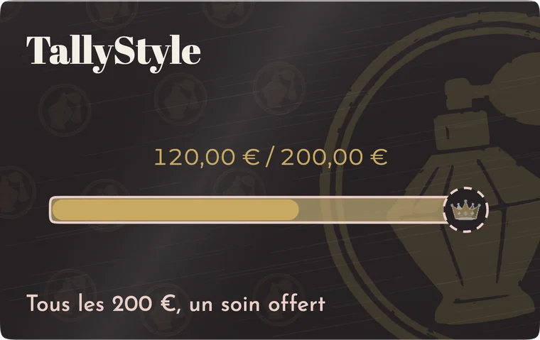 Carte de dépense TallyStyle noir et or à 120 € sur 200 € ; tous les 200 €, un soin offert.