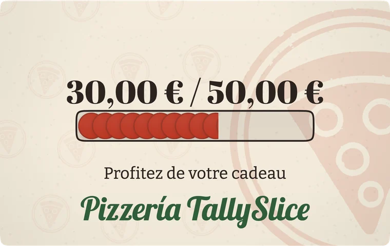 Carte cadeau TallySlice à 30 € sur 50 € : « Profitez de votre cadeau ».