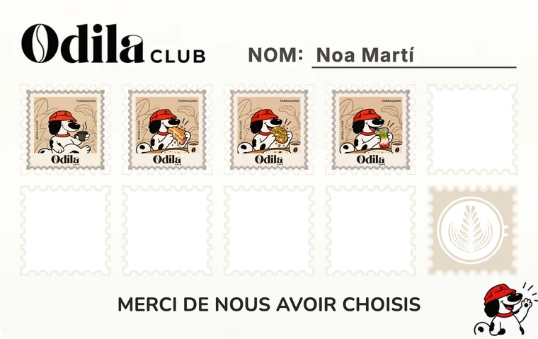 Carte à tampons Odila Cafe avec quatre tampons sur dix ; le dixième est la récompense.