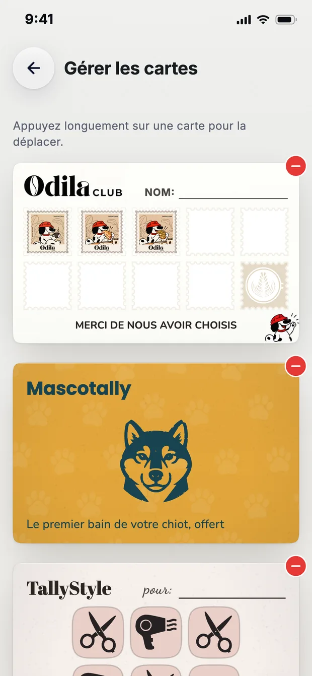 La liste des cartes d'un client : Odila Cafe, Mascotally et TallyStyle, les unes sous les autres.